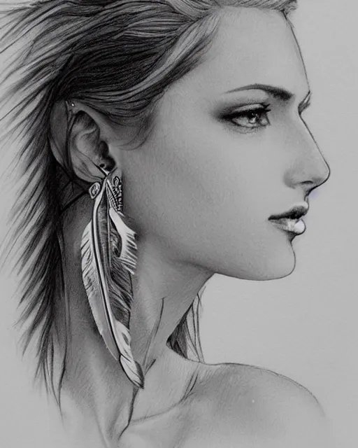 Image similar to tattoo sketch of beautiful greek goddess aphrodite with arrowhead earrings, beautiful feather jewelry, beautiful piercing eyes, flowing blonde hair, realistic face, hyper realistic, in the style of greg rutkowski, fantasy, amazing detail, epic, elegant, smooth, sharp focus, from the front