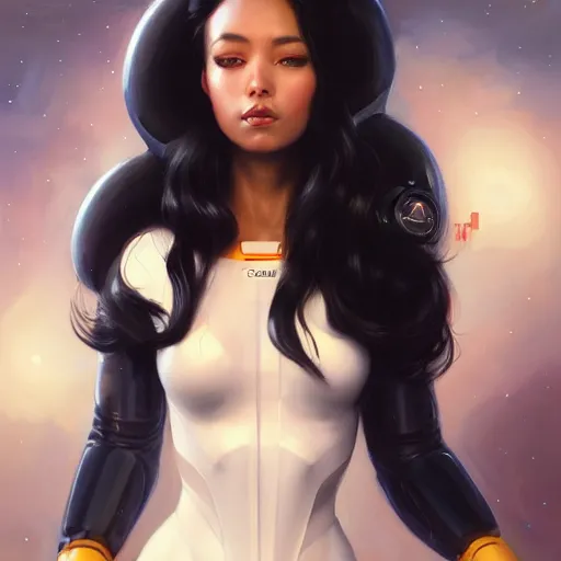 Prompt: a portrait of a very beautiful woman in a spacesuit, Alexandria's genesis, shoulder-length black hair, bored, illustration, soft lighting, soft details, painting oil on canvas by mark arian by artgerm, trending on artstation, 4k, 8k, HD