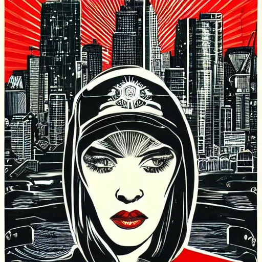 Prompt: Illustrated by Shepard Fairey and H.R. Geiger | Retro futuristic cyberpunk city