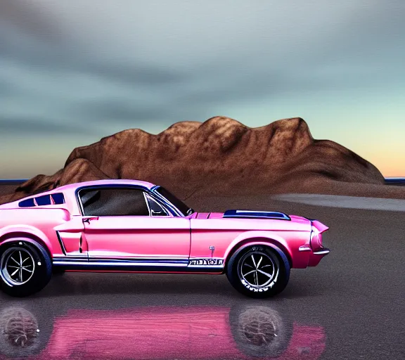 Prompt: shot of 1967 Ford mustang Shelby GT500 in pink color at sunset in front a beach, realistic reflections, 4k, HD Photography, unreal engine 5