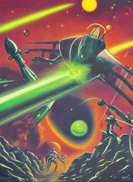 Prompt: 5 0 s sci - fi painting of donald trump fighting evil green martians with a ray - gun, rockets and planets on the background