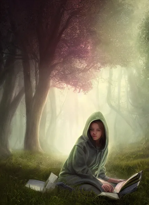 Image similar to portrait, stunningly beautiful girl wearing a hoodie, sits in a mystical misty forest, reading under a tree, fireflies and fairies, dramatic lighting, cinematic, establishing shot, extremly high detail, foto realistic, cinematic lighting, post processed, concept art, artstation, matte painting, style by eddie mendoza, raphael lacoste, alex ross