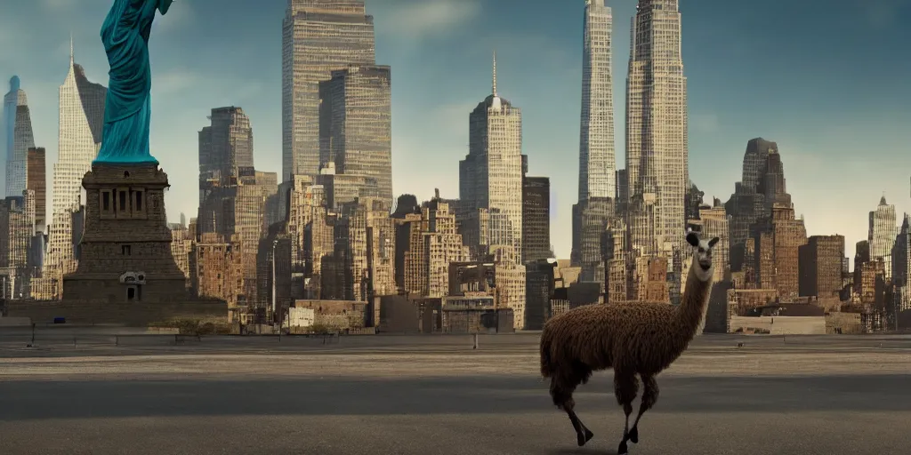 Image similar to a llama walking through a desolate manhattan city street at night, statue of liberty seen in the background, realistic 4 k octane beautifully detailed render, 4 k post - processing, highly detailed, detailed face, intricate complexity, epic composition, magical atmosphere, cinematic lighting, masterpiece, ultra hd