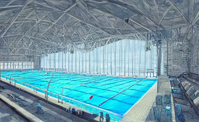 Prompt: huge olympic swimming pool with bay window, architecture, highly detailed, digital painting, artstation, concept art, sharp focus, illustration