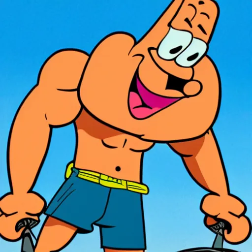 Image similar to a cartoon image of a extremely muscular patrick from spongebob