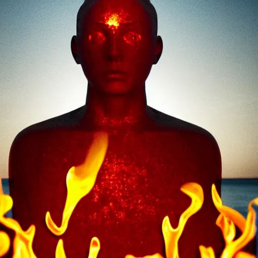 Prompt: a sculpture made of flame in the shape of a human head, on the ocean water, water manipulation photoshop, cgsociety, cinematic, in the style of johnson tsang, long shot, hyper detailed, hyper realistic, ray tracing, 8 k resolution, sharp focus, realistic water, award winning