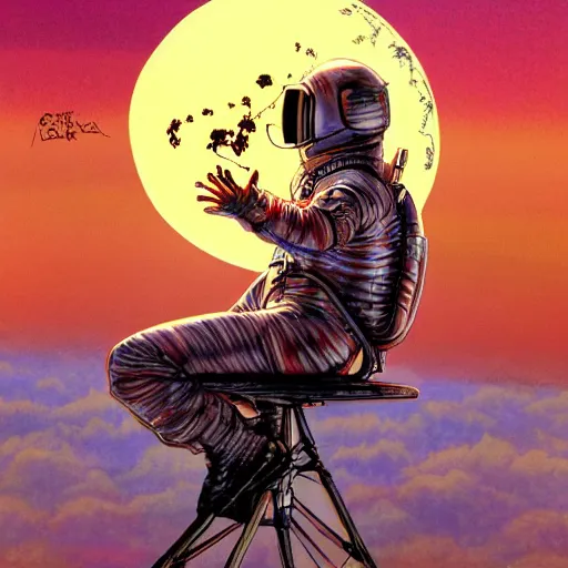 Prompt: Astronaut sitting on the tree, watching sunset, artwork by Ayami Kojima, deviantart contest winner,