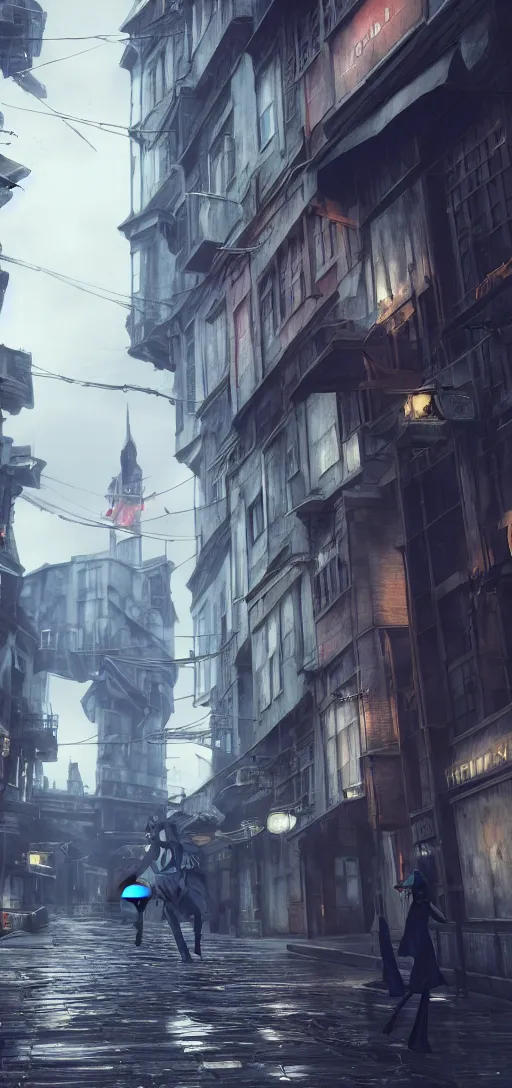 Image similar to lelouch lamperouge and asuka langley roaming the streets of dishonored town, dunwall city, redshift render, cinematic lighting, rainy weather, melancholy atmosphere, dunwall city, volumetric light, octane render, dishonored game, dishonored 1, gothic architecture, realistic reflections, octane render 8 k