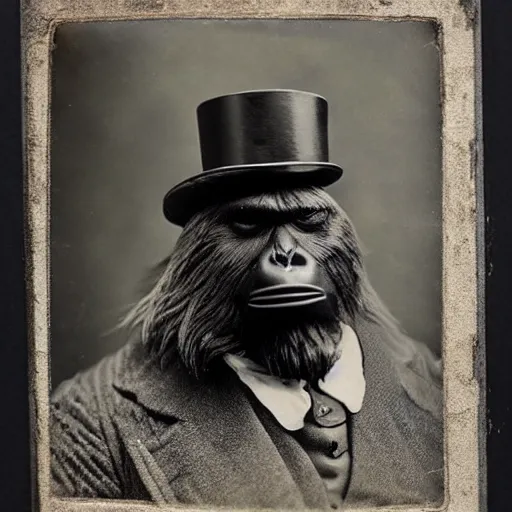 Prompt: a vintage wet plate portrait of a dignified bigfoot with a top hat and cane, extremely detailed, by robert capa!!!!!!!!!!!!!!!!!!