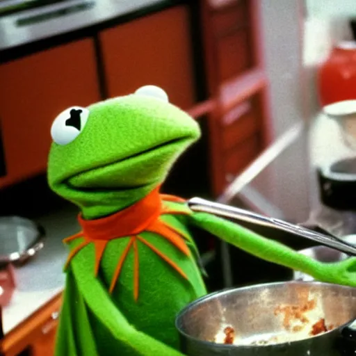 Prompt: kermit the frog cooking in 1980