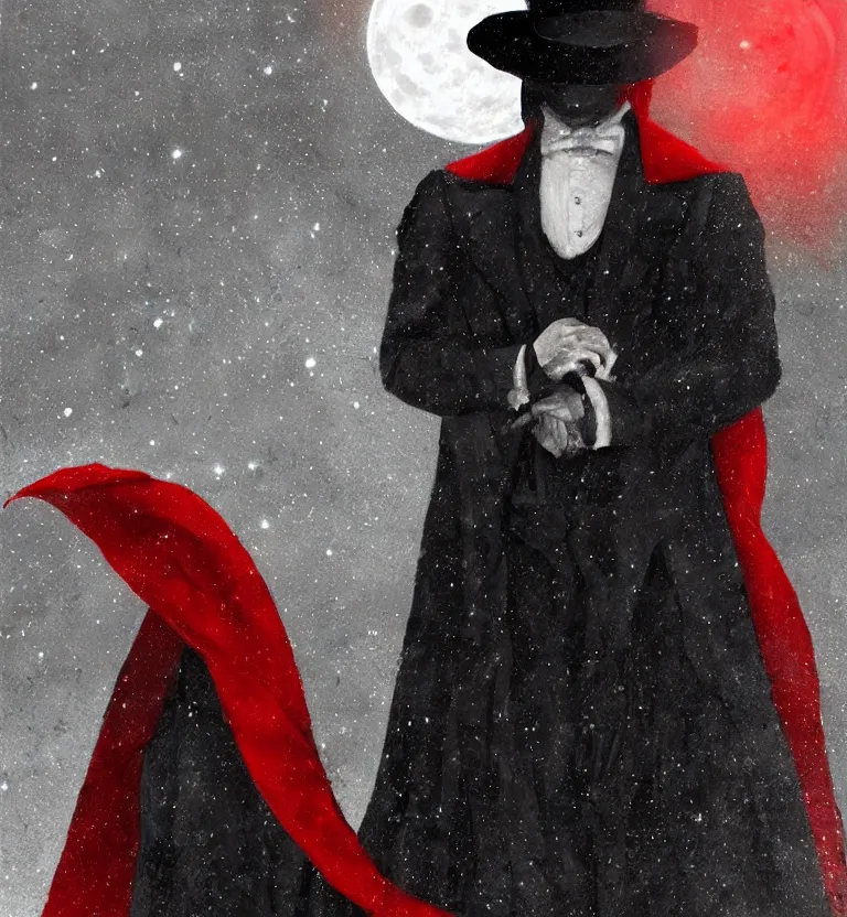 Image similar to a mysterious man in a cemetery on a full moon night wearing a top hat that hides!! his face and a beautiful black and red cape while holding a poseidon trident, digital art. digital painting, moonlight, detailed.