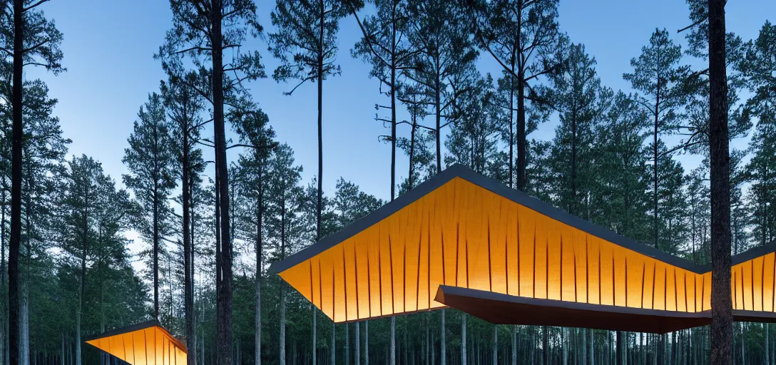 Prompt: faceted roof planes lift and descend creating shade and architectural expression, highly detailed, situated in the forest, next to a highly reflective lake, at dusk, vivid color