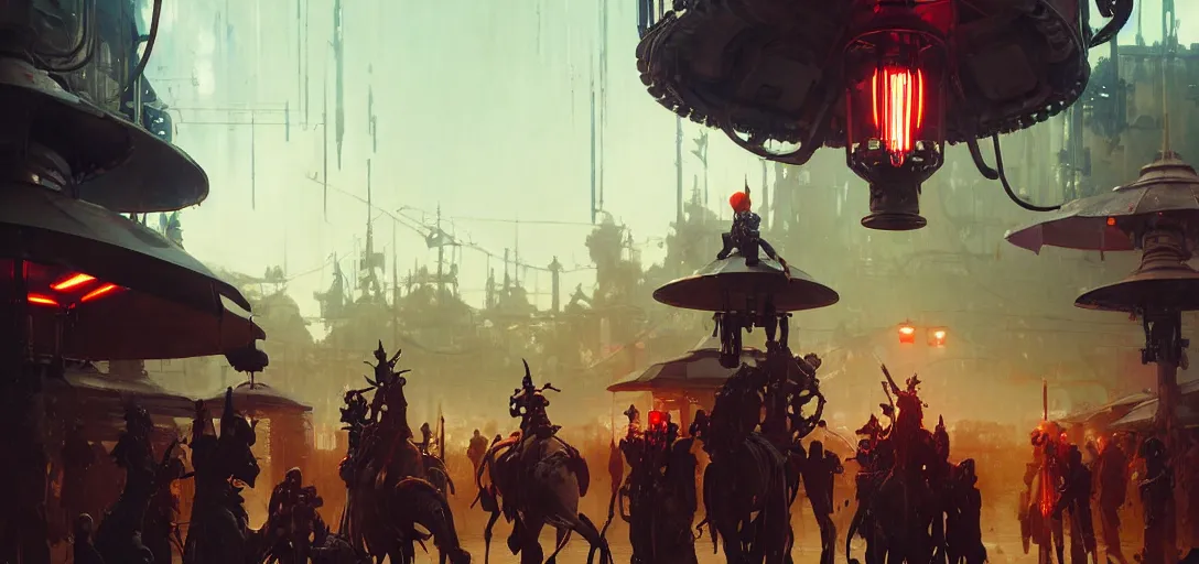 Image similar to close - up of cyborg knights exploring small town amusement, gas lamps, food stalls, cyberpunk big top circus tent, highly detailed, nightmare, neo alien, digital painting, concept art, matte, art by ruan jia and wlop and greg rutkowski and makoto shinkai, masterpiece