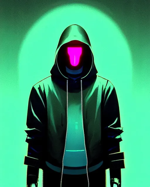 Image similar to cyberpunk synth, hyper - realistic portrait of a man in a hoodie with neon mask, cyberpunk, by atey ghailan, by greg rutkowski, by greg tocchini, by james gilleard, by joe fenton, by kaethe butcher, dynamic lighting, gradient light blue, brown, cinematic lighting color scheme, sharp focus, grunge aesthetic