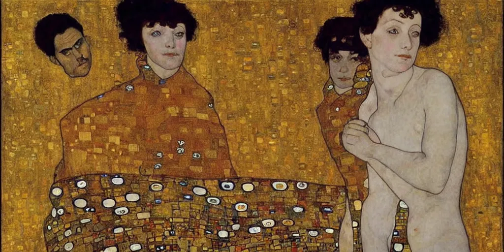 Prompt: klimt is painting with schiele ， by leonardo da vinci