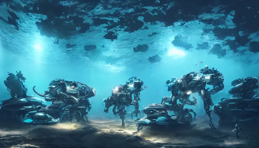 Image similar to underwater walking military mechs, glowing lights, tropical fish, manta rays, light, shadows, rippling reflections, epic composition, intricate, elegant, volumetric lighting, digital painting, highly detailed, artstation, sharp focus, illustration, concept art, ruan jia, steve mccurry