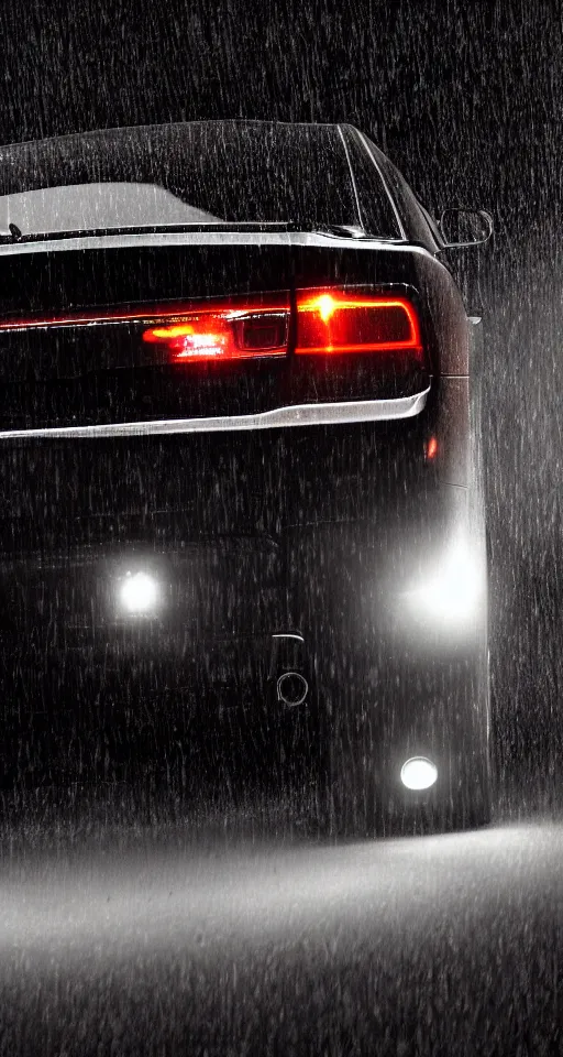 Image similar to far away photograph of the back lights of a 2 0 1 1 dodge charger driving down a highway in the rain, dark, gothic, lovecraftian, hyperrealistic, 4 k, highly detailed,