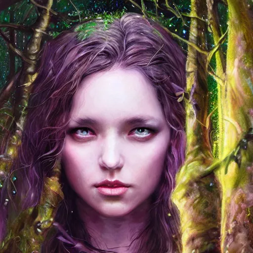 Image similar to girl druid in a dark moonlit forest, irish, expressive oil painting, volumetrics, beautiful face, druid staff, detailed, by Dan Mumford, by Artgerm, by Yoshitaka Amano, matte art, digital art