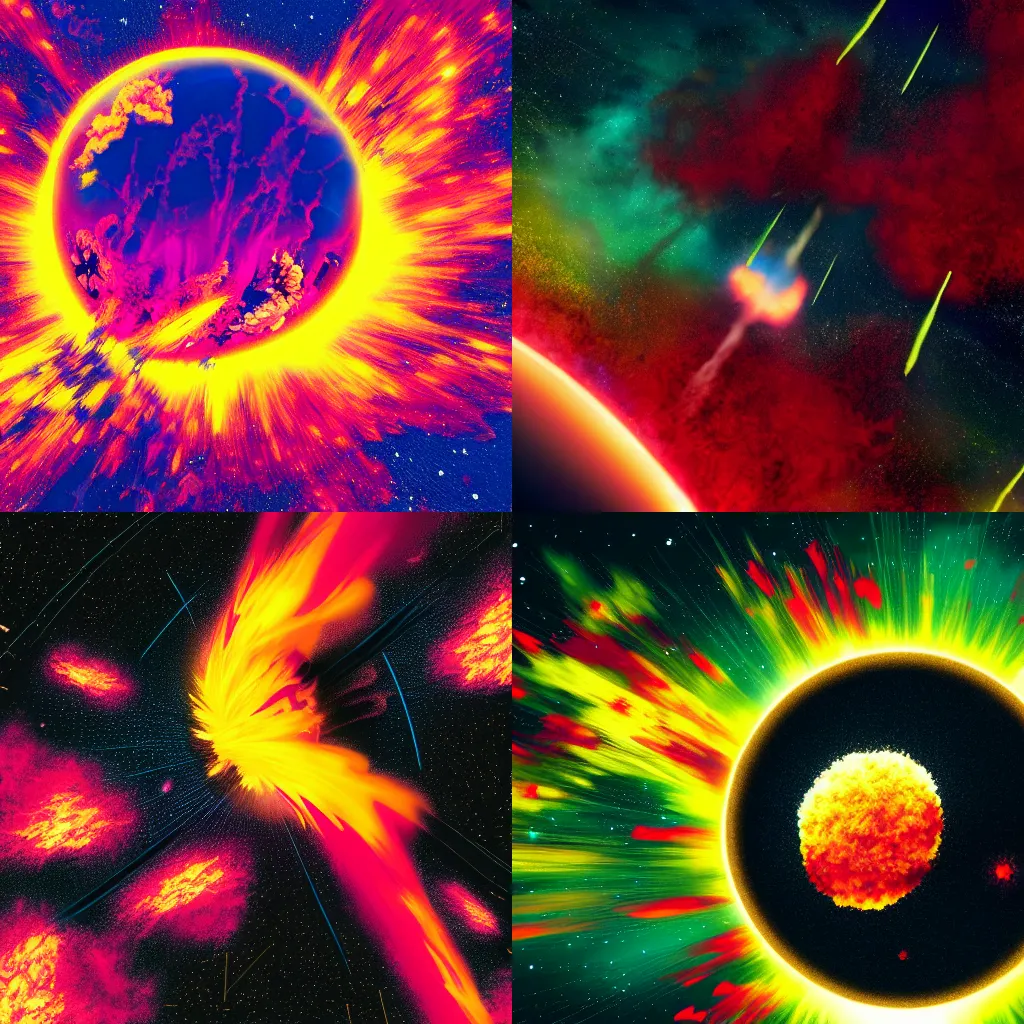 Prompt: painting of an Atomic explosion visible from space, colourful explosion, vivid colours, matte black paper, ultra detailed, wide shot, octane, 4k, stylized