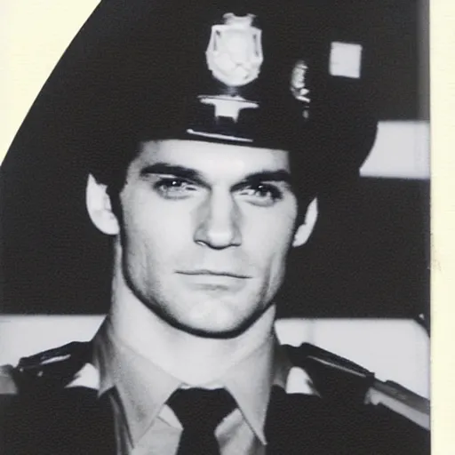 Prompt: Polaroid image of Henry Cavill as cop