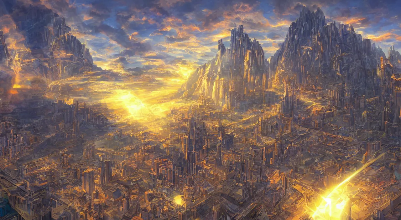 Image similar to fortress accadamy of tower cristal a spectacular view cinematic rays of sunlight comic book illustration, by john kirby