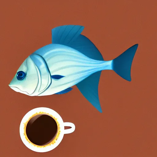 Prompt: a digital painting of a real fish drinking coffee by a straw, hyperrealism