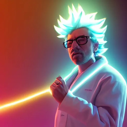 Image similar to portrait of rick sanchez, lab coat and tee shirt, lens flare, atmosphere, glow, detailed, intricate, full of colour, cinematic lighting, trending on artstation, 4 k, hyperrealistic, focused, extreme details, unreal engine 5, cinematic, masterpiece