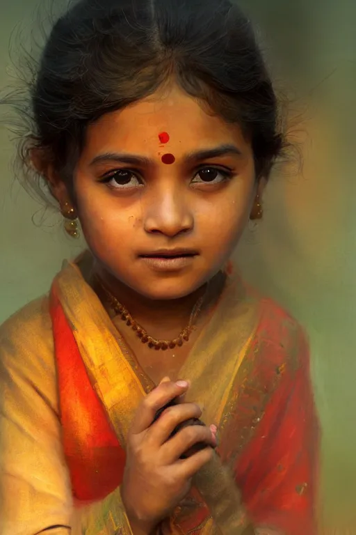 Image similar to hindu little girl, joyful, close - up portrait, intricate, elegant, volumetric lighting, scenery, digital painting, highly detailed, artstation, sharp focus, illustration, concept art, ruan jia, steve mccurry
