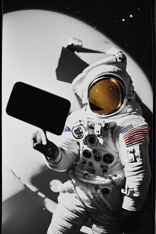 Image similar to extremely detailed studio portrait of space astronaut taking a selfie, holds a smart phone in one hand, phone!! held up to visor, reflection of phone in visor, moon, extreme close shot, soft light, golden glow, award winning photo by james van der zee