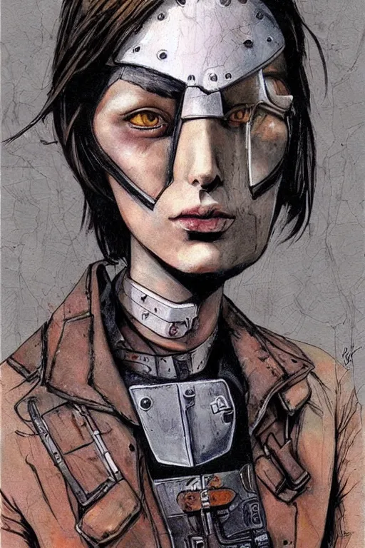 Image similar to portrait fashion model cyborg detective artwork by enki bilal