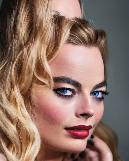 Image similar to A portrait of a margot robbie in a cosplay uniform, piercing eyes, highly detailed, bokeh, professional photograph, full body shot 4K, HD