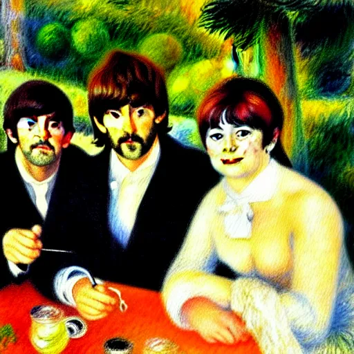 Image similar to Painting of The Beatles, in the style of Renoir, impressionism, oil on canvas
