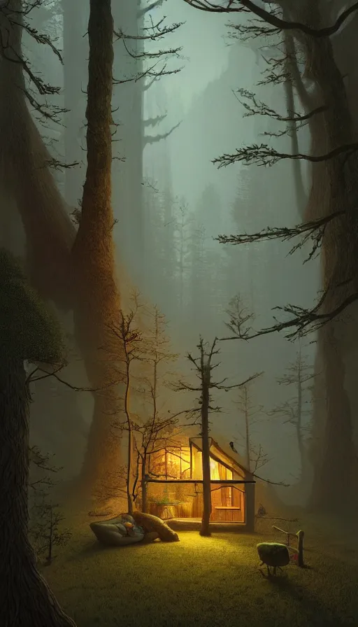 Image similar to cozy home in the woods moody lighting, soft light, dynamic lighting, complimentary colours, realistic, highly detailed, by kim jung giu zdzisław beksinski and greg rutkowskiweta studio, and lucasfilm, colours