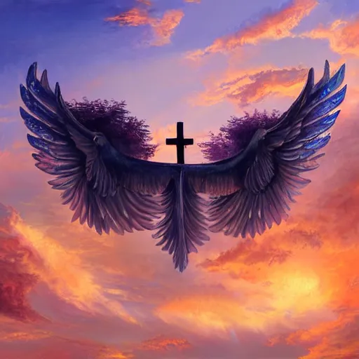 Image similar to a church with wings, flapping its wings flying in sunset sky, oil on canvas, portrait, intricate, 8k highly professionally detailed, HDR, CGsociety