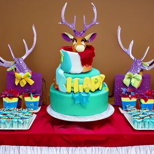 Prompt: twi deers having a cool birthday party, photo, highly detailed