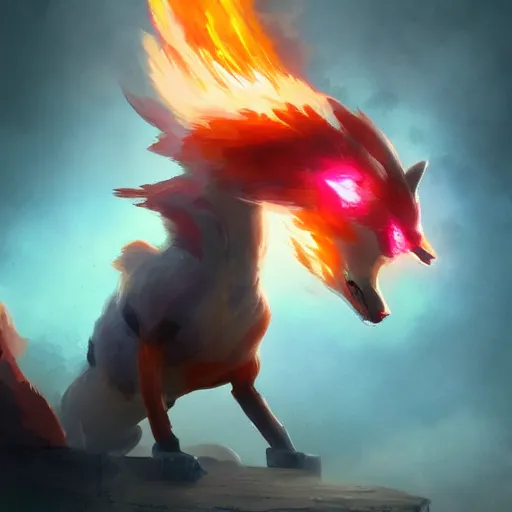 Image similar to pokemon fox rapidash of fire, artstation greg rutkowski, cinematic, hyperrealist, digital art