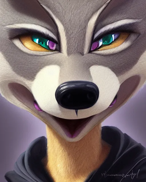 Image similar to oil painting of anthromorphic female wolf, in style of zootopia, female fursona, furry, furaffinity, 4 k, deviantart, furry art, fursona art, wearing black business suit, business suit, wolf fursona, female, very expressive detailed feminine face,