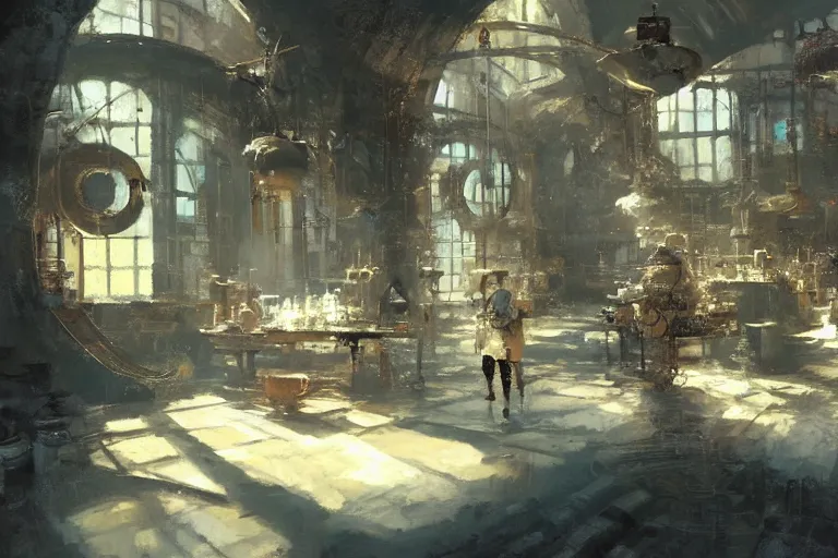 Prompt: the interior of an alchemist ’ s laboratory, concept art by craig mullins