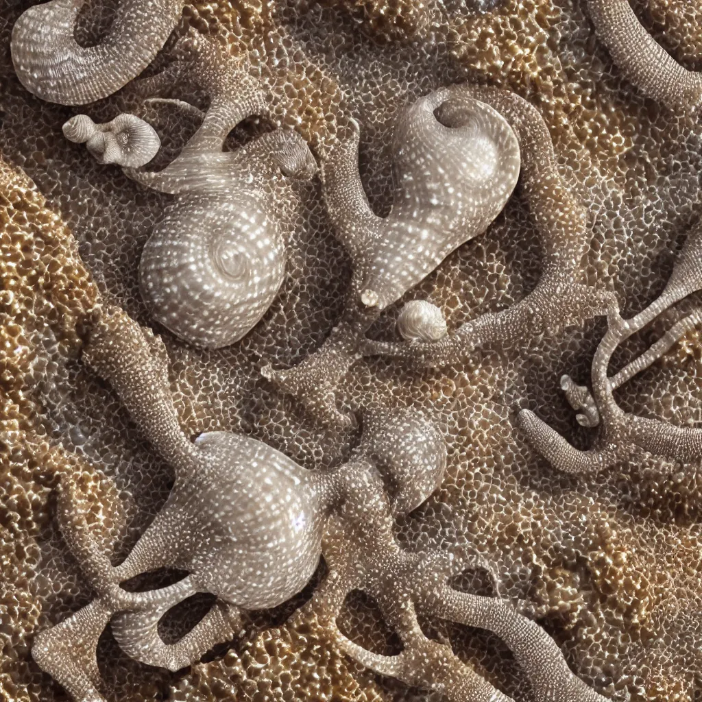 Image similar to macro of geometric complex sea snail by ernst haeckel, closeup, fractal, realistic cinema 4 d render, beach sand background, clear focus, very coherent, very detailed