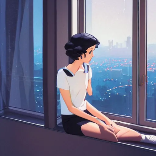 Prompt: portrait of a beautiful girl with dark hair that's styled in a 1940's fashion, dressed in a white t-shirt, sitting in an apartment alone by a window that overlooks a futuristic city, nighttime, low-key neon lighting, 4k, HQ, official media, anime key visual, makoto shinkai, ilya kuvshinov, lois van baarle, rossdraws, detailed, trending on artstation