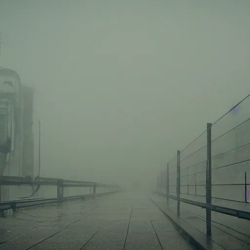 Image similar to raining dark smog wide angle shot dieselpunk dystopia makoto shinkai corrogated steel walkway