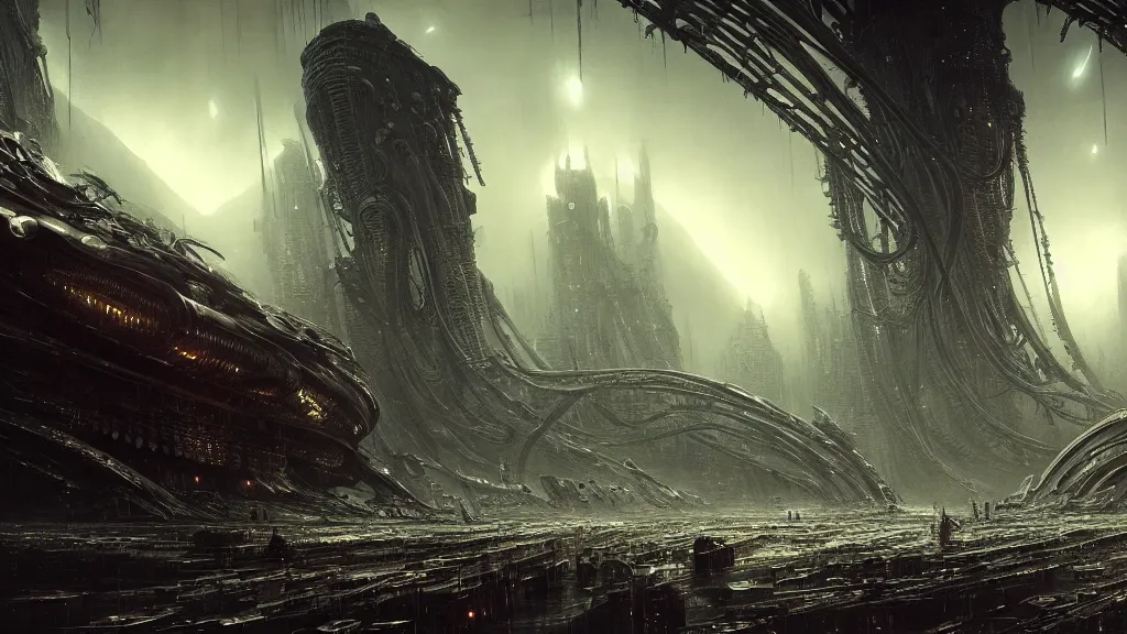 Image similar to Sci-fi environment set in a nightmarish universe of odd forms and somber tapestry, HR Giger, Wadim Kashin, in Peter Elson color scheme, featured in artstation, octane render, cinematic, elegant, intricate, 8k