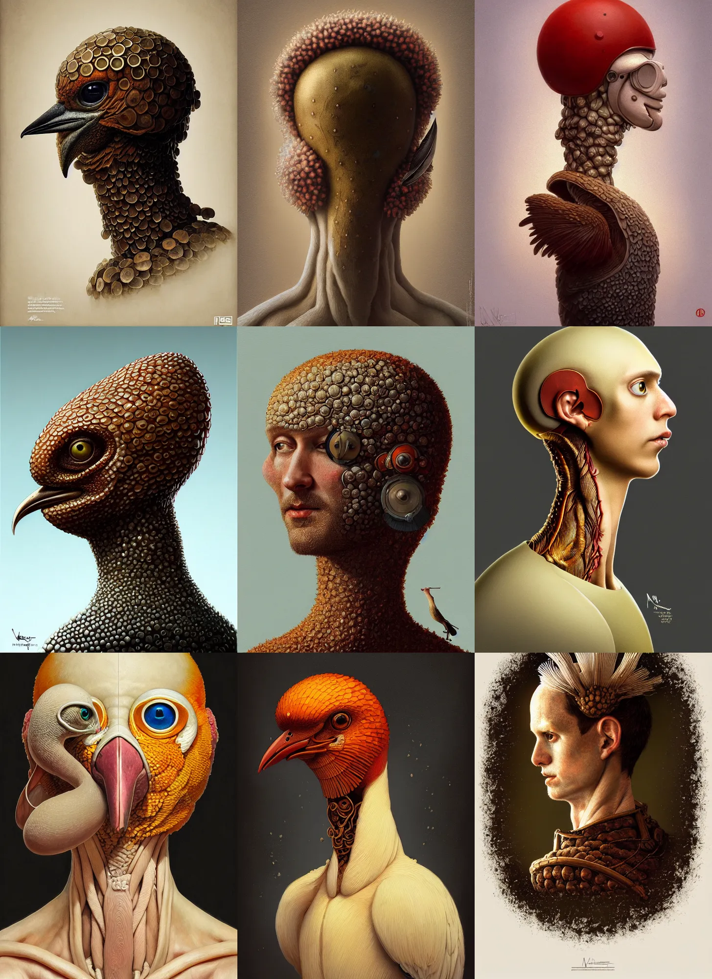 Prompt: rpg! profile! portrait of a fungus humanoid bird on white background, beak, intricate, highly detailed, digital painting, artstation, concept art, smooth, sharp focus, illustration, art by norman rockwell emiliano ponzi andrey remnev yoann lossel john currin aaron jasinski ivan albright hsiao - ron cheng, 8 k