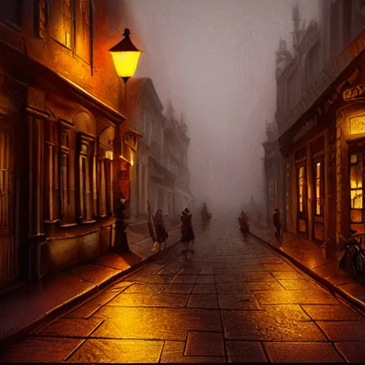 Image similar to victorian city street, dark, misty, at night, 8 k, detailed, concept art, trending on artstation