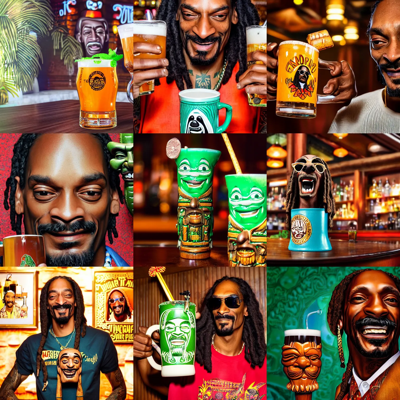 Prompt: a closeup photorealistic photograph of happy snoop dogg at trader vic's bar holding up a trader vic's tiki mug featuring the face of snoop dogg on the front. brightly lit scene. this 4 k hd image is trending on artstation, featured on behance, well - rendered, extra crisp, features intricate detail, epic composition and the style of unreal engine.