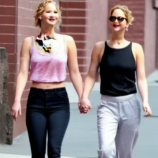 Prompt: Jennifer Lawrence and Jennifer Lawrence walking down the street, holding hands, smiling,