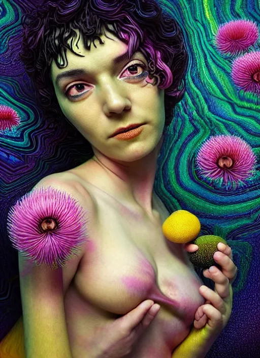 Image similar to hyper detailed 3d render like a Oil painting - Ramona Flowers with wavy black hair wearing thick mascara seen Eating of the Strangling network of colorful yellowcake and aerochrome and milky Fruit and Her staring intensely delicate Hands hold of gossamer polyp blossoms bring iridescent fungal flowers whose spores black the foolish stars by Jacek Yerka, kawaii ,Mariusz Lewandowski, cute silly face, Houdini algorithmic generative render, Abstract brush strokes, Masterpiece, Edward Hopper and James Gilleard, Zdzislaw Beksinski, Mark Ryden, Wolfgang Lettl, Dan Hiller, hints of Yayoi Kasuma, octane render, 8k