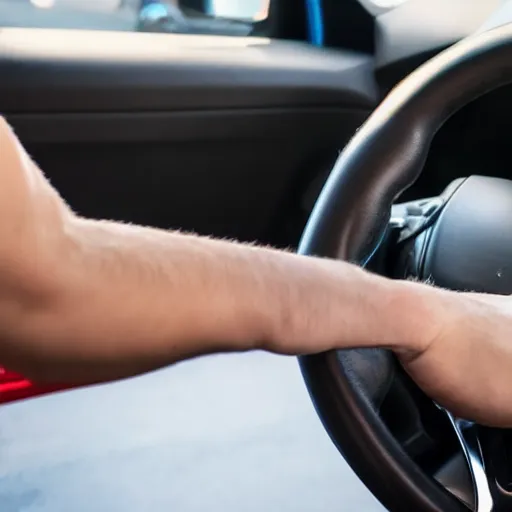 Prompt: extremely muscular hand gripping a steering wheel tightly, first person pov, detailed, inside car