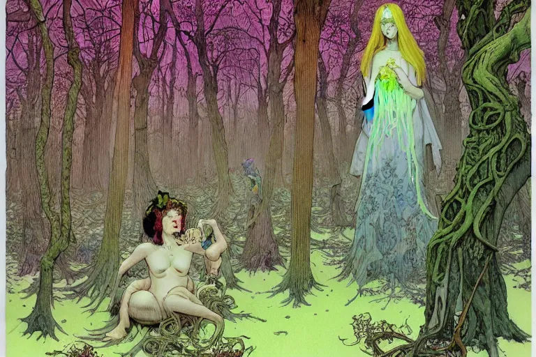 Prompt: a hyperrealist watercolour character concept art portrait of a haunted forest inside central park. neon flowers. weird people. by rebecca guay, michael kaluta, charles vess and jean moebius giraud