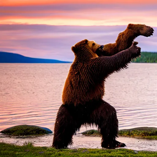 Image similar to kodiak bears kung - fu fighting on a lakefront using salmon as weapons, dusk, 8 k, hdr, cinematic, rule of thirds,